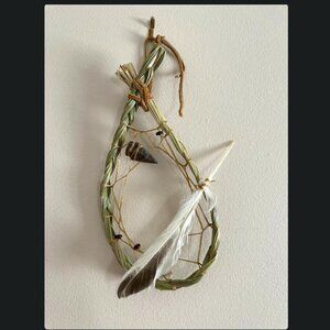 NEW Flint and Feather - Small Sweetgrass Dreamcatcher Wall Hanging Art OOAK